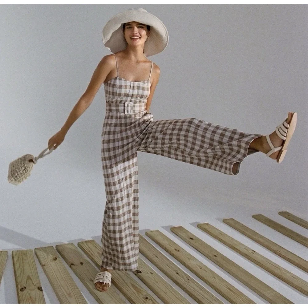 En Saison ANTHROPOLOGIE Mani Gingham Plaid Jumpsuit Size XS Beige Belted Pockets